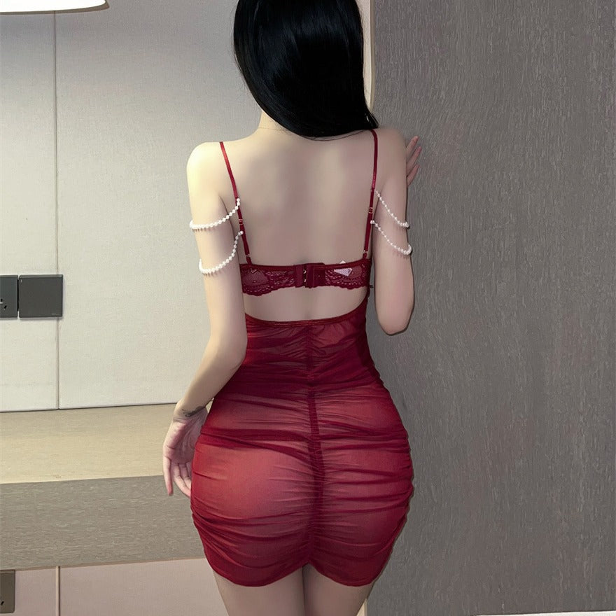 Image of Sexy lingerie sexy hottie see-through deep V beaded chain pleats hip skirt pleats slim slimming pajama clothes